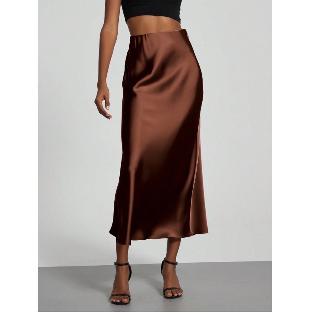 Brown Satin A-Line Skirt High Waisted Long